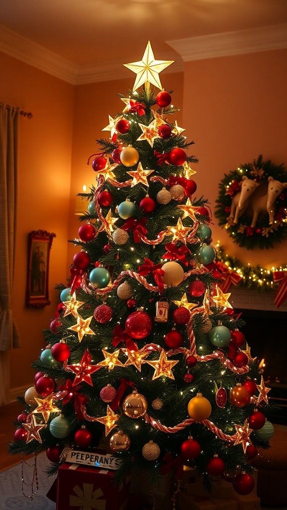 Aesthetic Christmas tree decorated with lights and ornaments in a cozy living room.